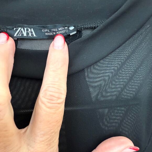 ZARA Mesh Panel Black Bodycon Dress Sleeveless Mock Neck Sheer Edgy Gothic L - Picture 2 of 6